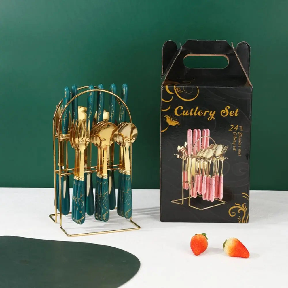 Fashion 24pcs Cutlery Set Stainless Steel Metal Gift Tableware Forks Spoons Kits Dinnerware Home School Kitchen