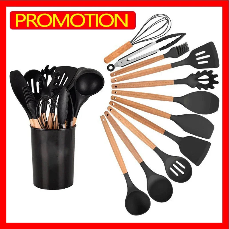 12PCS Silicone Kitchenware Non-Stick Cookware Kitchen Utensils Set Spatula Shovel Egg Beaters Wooden Handle Cooking Tool Set Hot