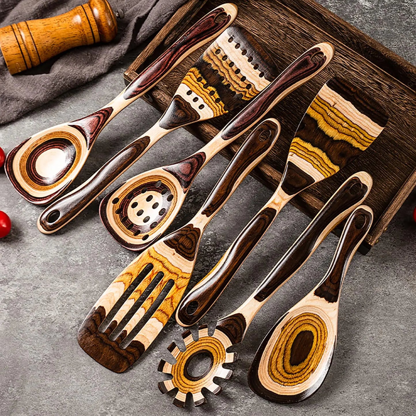IK Kitchen Utensils 7PCS Pakkawood Cooking Utensils Set Wooden Spoons for Kitchen Wood Spatula with Non-slip Handle