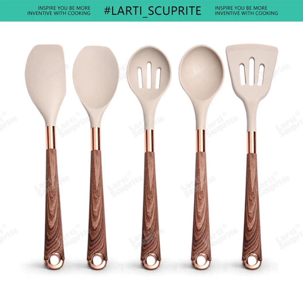 Good Quality Silicone Kitchen Utensils Set Rose Gold Plated Handle Cooking Tool Non-stick Heat Resistant Kitchenware Accessories