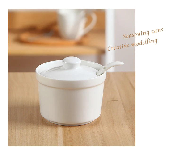 Ceramic Seasoning Jars with Wooden Lid Salt Shakers Kitchen Supplies White Spice Organizer Canister Spoon Set White Sugar Box
