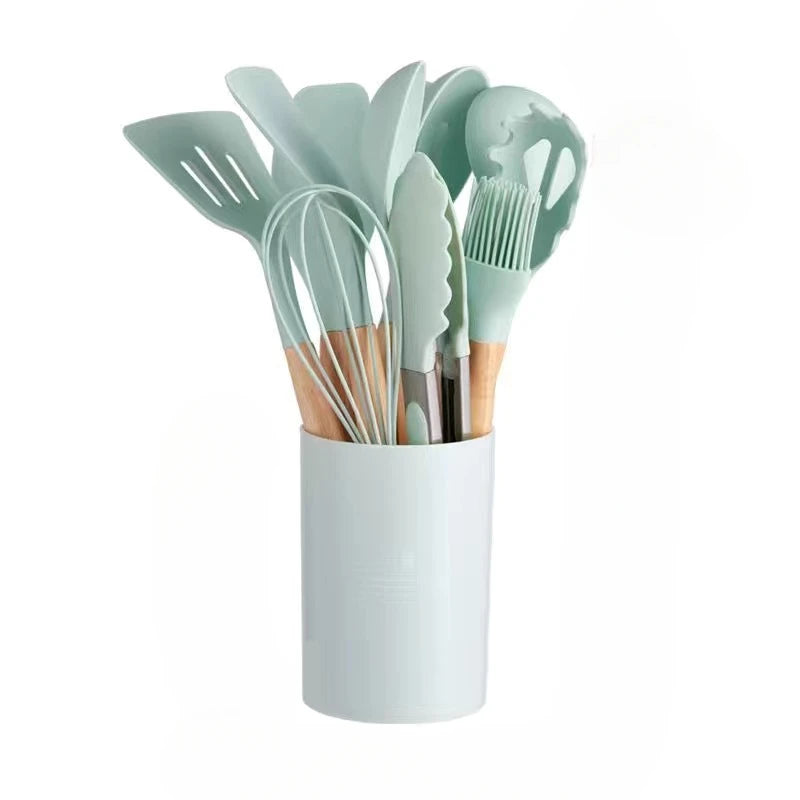 12PCS/Set Premium Quality Silicone Kitchen Utensils Set with Wood Handle and Storage Bucket Kitchen Tools Cooking Accessories