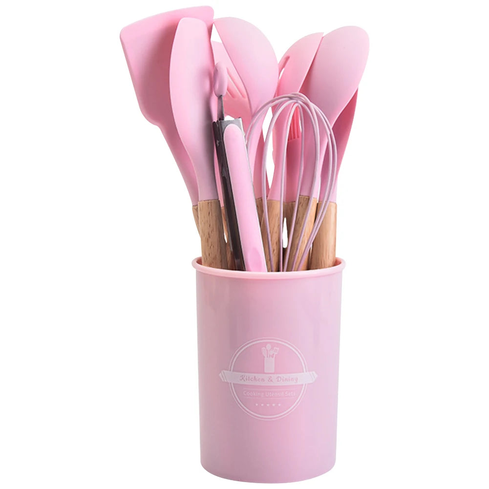 12Pcs Kitchen Utensil Set Silicone Spatula Set Wooden Handle Heat-Resistant Cookware Spatula Spoon Brush Whisk for Home Kitchen