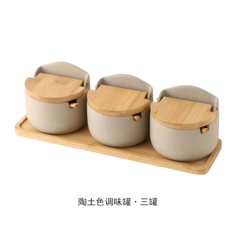 Ceramic Seasoning Jars with Wooden Lid Salt Shakers Kitchen Supplies White Spice Organizer Canister Spoon Set White Sugar Box