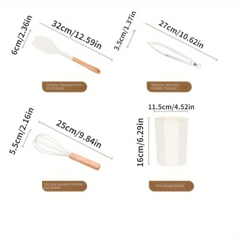 1Set of Silicone Kitchen Utensils with Wooden Handles,equipped with Storage Buckets for Easy Storage and A Cleaner Kitchen