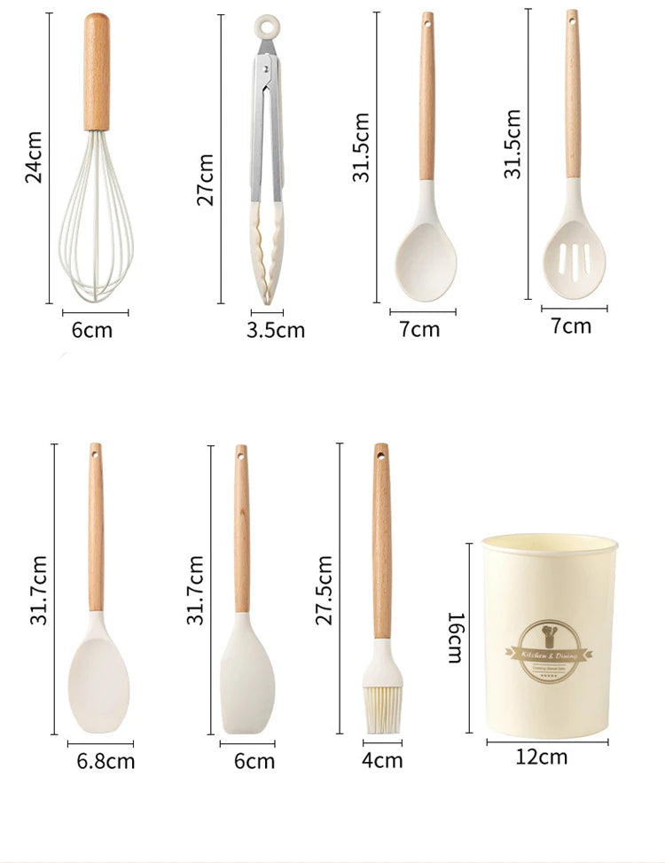 12 Pcs Silicone Kitchen Utensils Set Non Stick Silicone Cooking Utensil Set Heat Resistant Cookware with Wooden Handle JT558