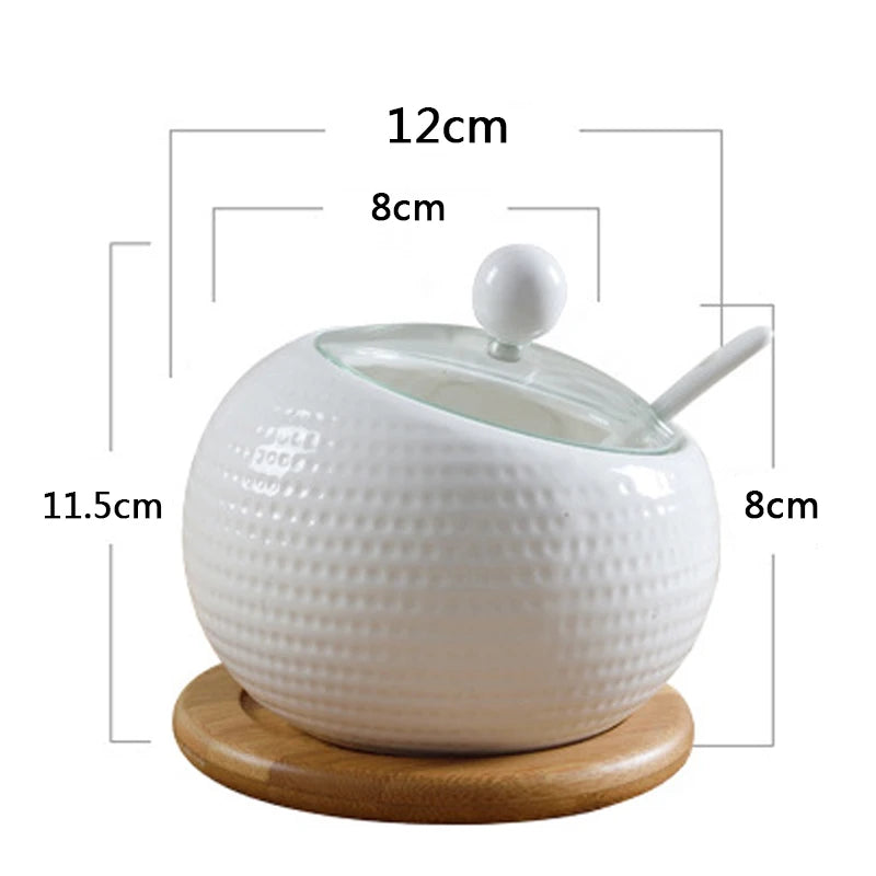 Ceramic Seasoning Jars with Wooden Lid Salt Shakers Kitchen Supplies White Spice Organizer Canister Spoon Set White Sugar Box