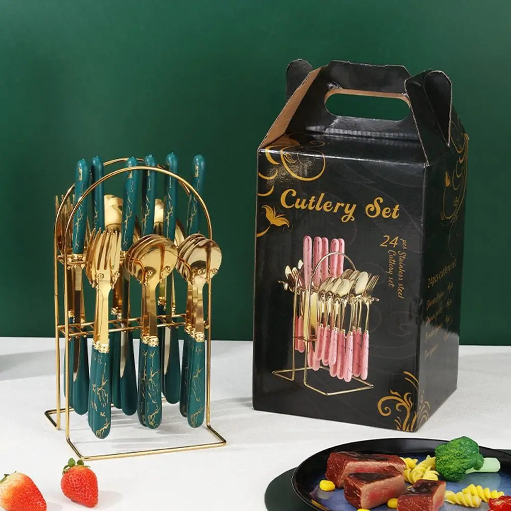 Fashion 24pcs Cutlery Set Stainless Steel Metal Gift Tableware Forks Spoons Kits Dinnerware Home School Kitchen