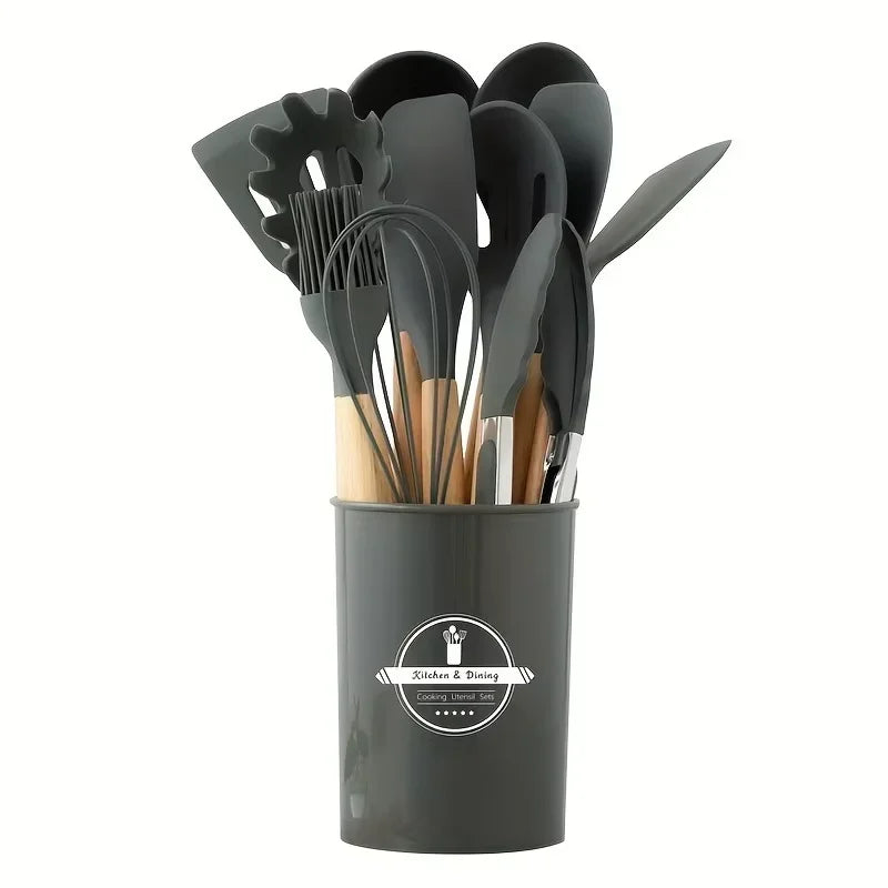 12Pcs Silicone Cooking Utensils Set Wooden Handle Kitchen Cooking Tool Non-stick Cookware Spatula Shovel Egg Kitchenware Beaters