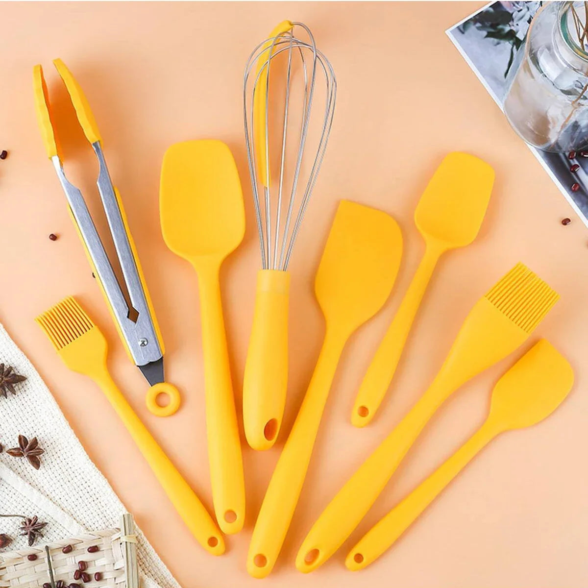 9pcs Silicone baking tool set, scraper oil brush egg whisker food pliers, with storage bucket, kitchen small tools