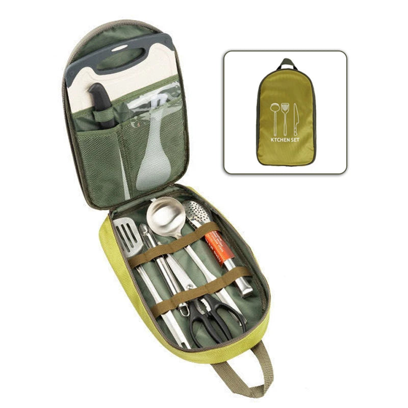 8pcs Camp Kitchen Cooking Utensil Set With Large Capacity Storage Bag Food Grade Waterproof Easy To Clean For Camping Hiking