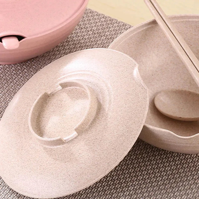 Household Tableware Set for instant food - 3pcs Wheat Straw Bowl, instant noodles bowl With Lid, Spoons and Chopsticks