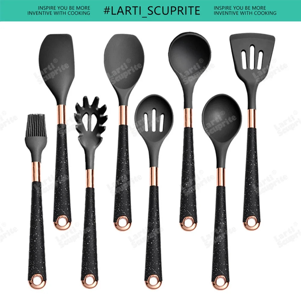 Good Quality Silicone Kitchen Utensils Set Rose Gold Plated Handle Cooking Tool Non-stick Heat Resistant Kitchenware Accessories