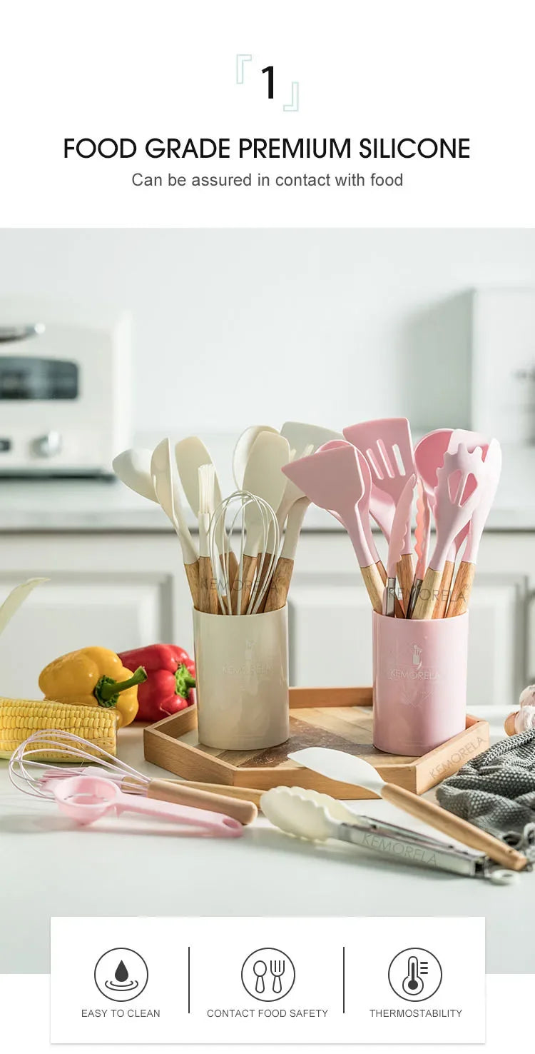 13PCS Silicone Kitchenware Non-Stick Pan Cooking Utensils Set Kitchen Measuring Spoons Utensils Baking Tools With Storage Box