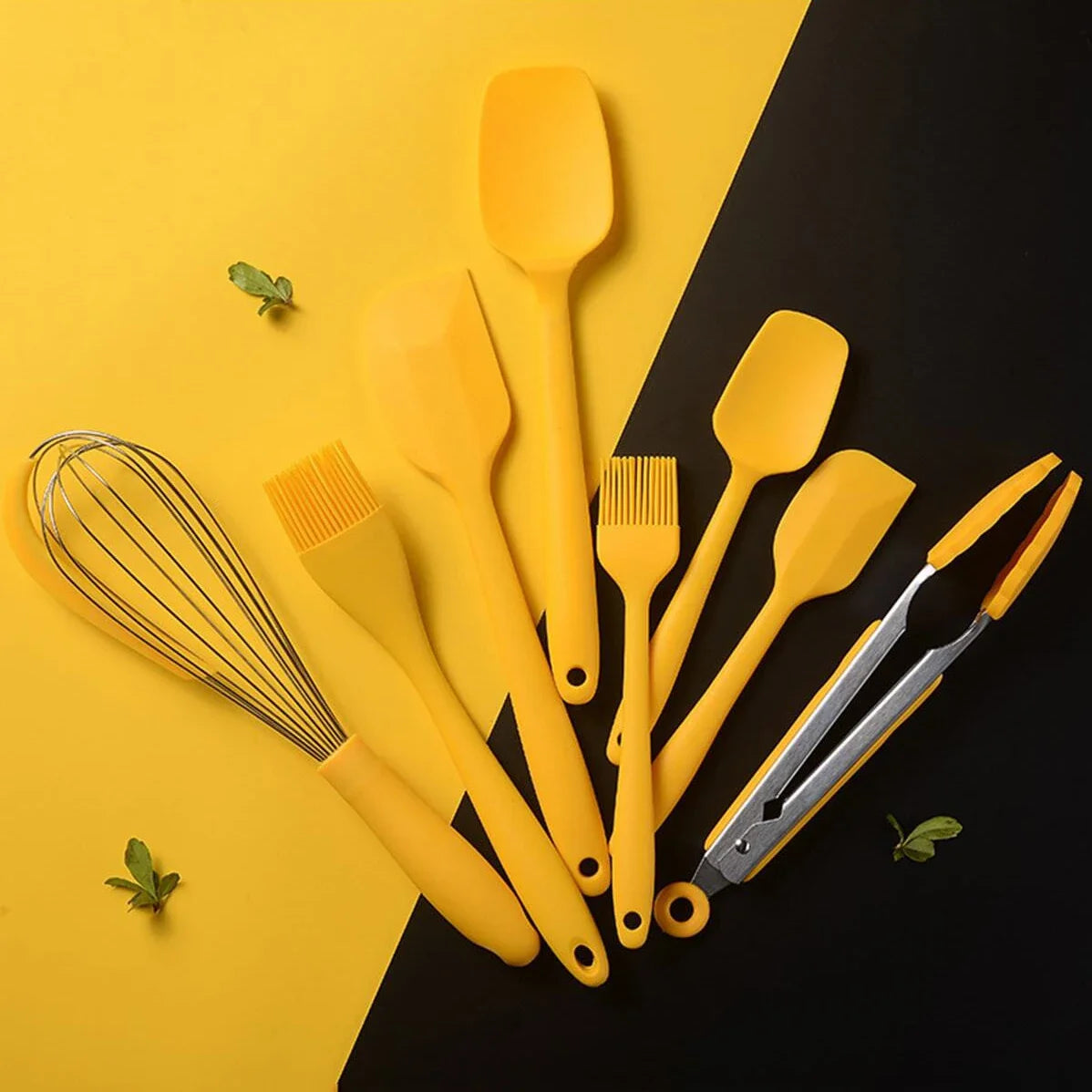 9pcs Silicone baking tool set, scraper oil brush egg whisker food pliers, with storage bucket, kitchen small tools