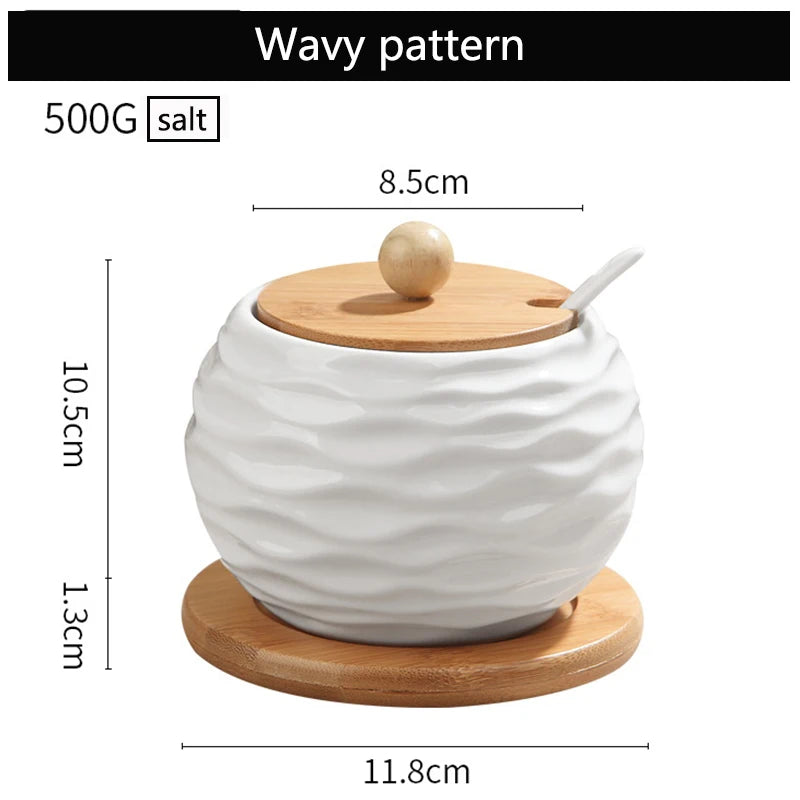 Ceramic Seasoning Jars with Wooden Lid Salt Shakers Kitchen Supplies White Spice Organizer Canister Spoon Set White Sugar Box