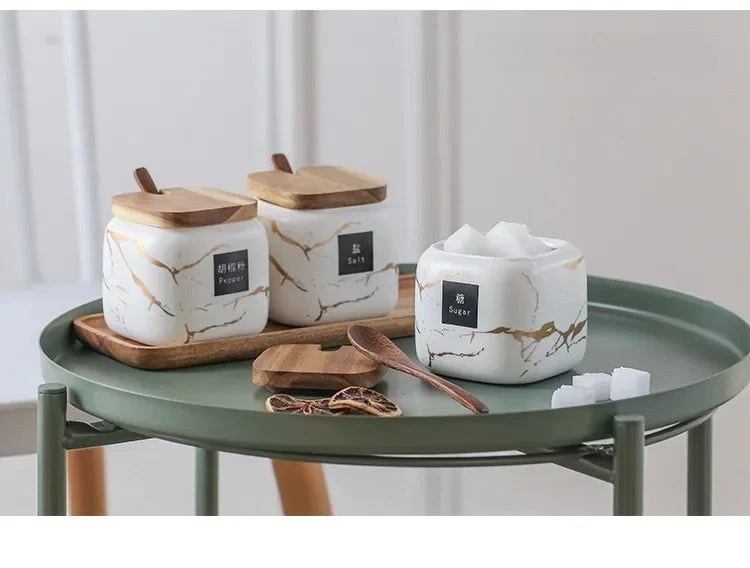 Japanese kitchen matte seasoning jar set, marble ceramic household combination seasoning box, salt and sugar, seasoning bottle.