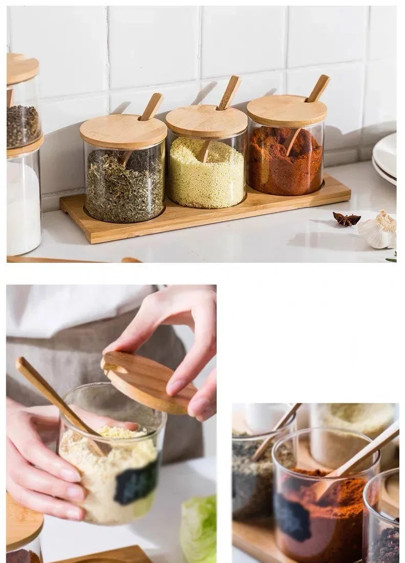 Kitchen Glass Condiment Jars Set Clear Spice Salt Container with Tray Coffee Beans Organizer Bottle Dust-Proof Seasoning Bottle