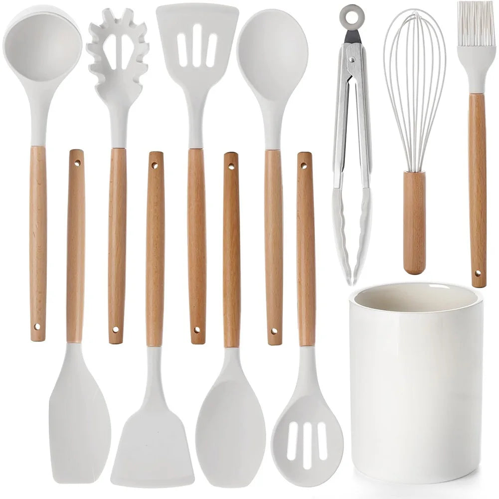 12Pcs Kitchen Utensil Set Silicone Spatula Set Wooden Handle Heat-Resistant Cookware Spatula Spoon Brush Whisk for Home Kitchen