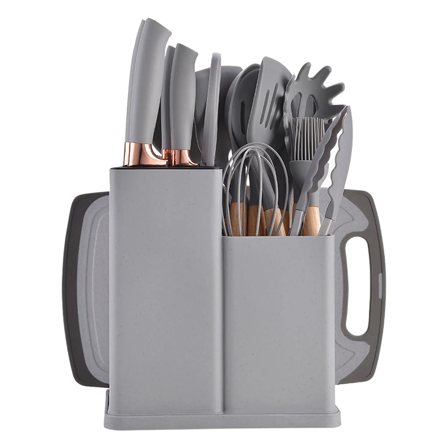 Silicone kitchenware set,19-piece cooking wooden handle scoop,non-stick pan multi-functional integrated knife storage bucket