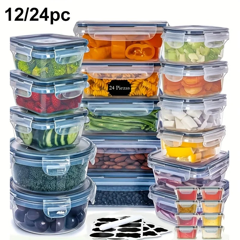12/24 Clear Kitchen Food Storage Container Set - Microwave Safe, Multifunctional Plastic Lunch Box with Lid + 24 Chalkboard Labe