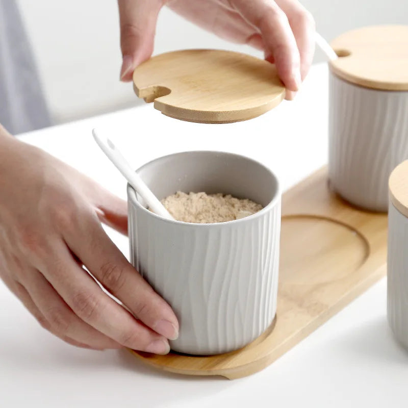 Ceramic Seasoning Jars with Wooden Lid Salt Shakers Kitchen Supplies White Spice Organizer Canister Spoon Set White Sugar Box