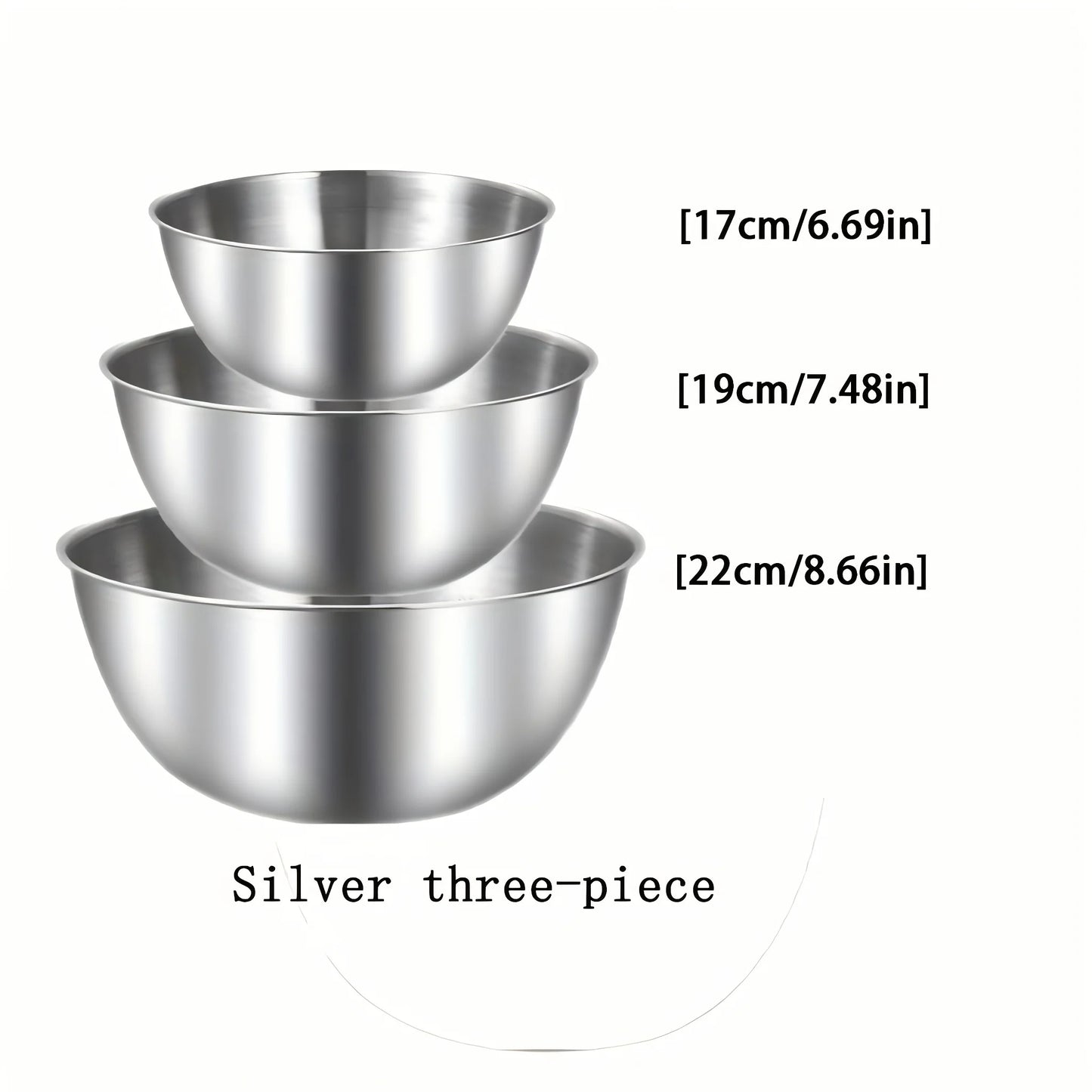 A set of three stainless steel bowls for mixing, kneading dough, and serving salads, suitable for kitchen use.