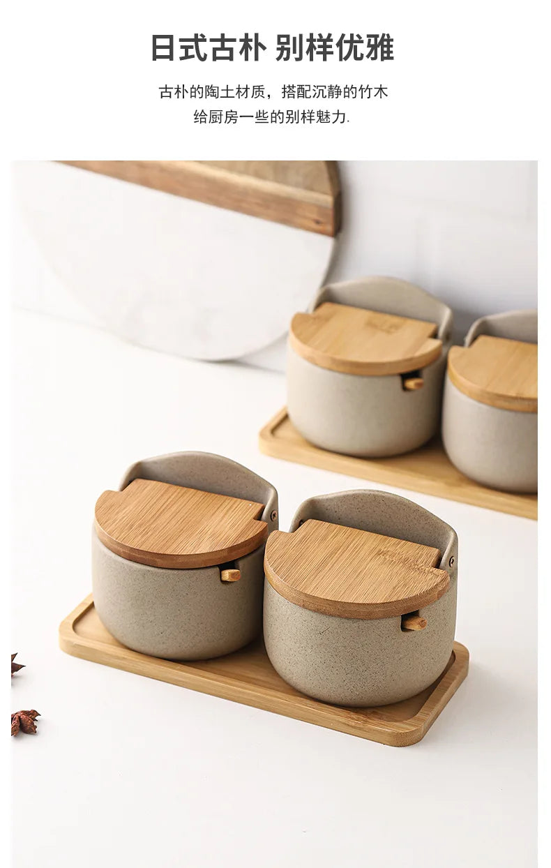 Ceramic Seasoning Jars with Wooden Lid Salt Shakers Kitchen Supplies White Spice Organizer Canister Spoon Set White Sugar Box