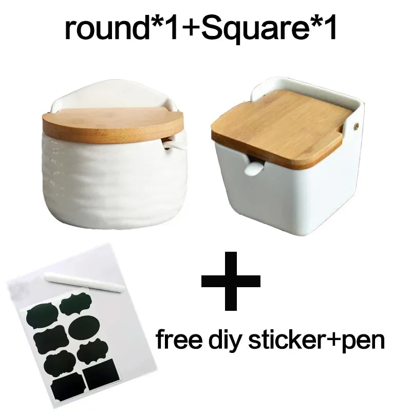 Kitchen Spice Rack Ceramic Wooden Lid Bamboo Tray Base Seasoning Pot Tool Porcelain Storage Container Set Convenient Salt Pepper