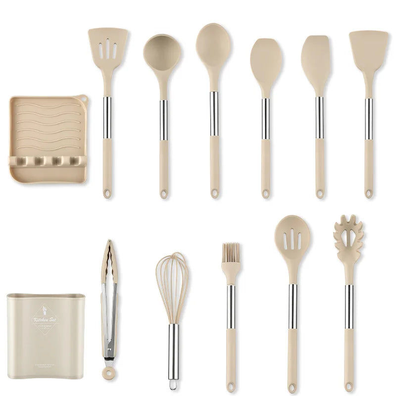 13Pcs Silicone Kitchenware Non-stick Cooking Utensils Set Cookware Spatula Beaters Shovel Stainless Steel Handle Kitchen Tool