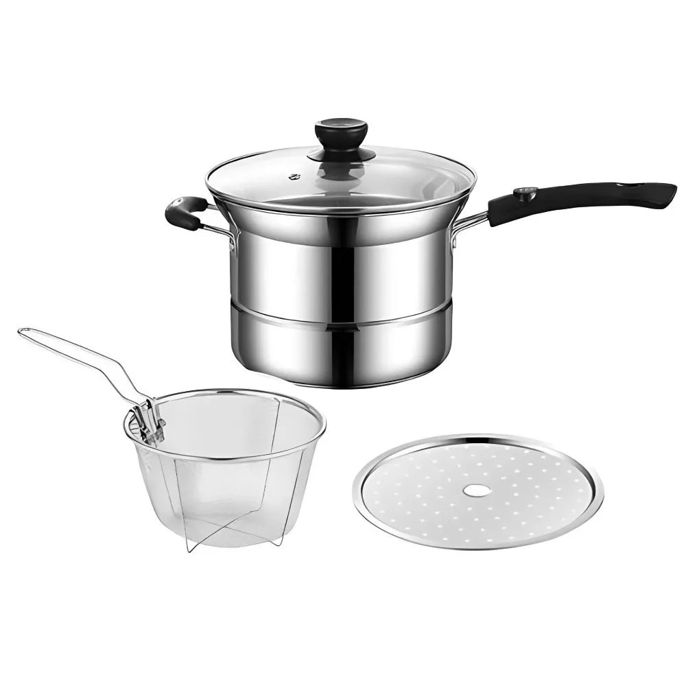 Kitchen Cookware Stainless Steel Deep Fryer Pot with Frying Basket and Steamer Japanese Pasta Pot Visible Lid Stockpot Noodle