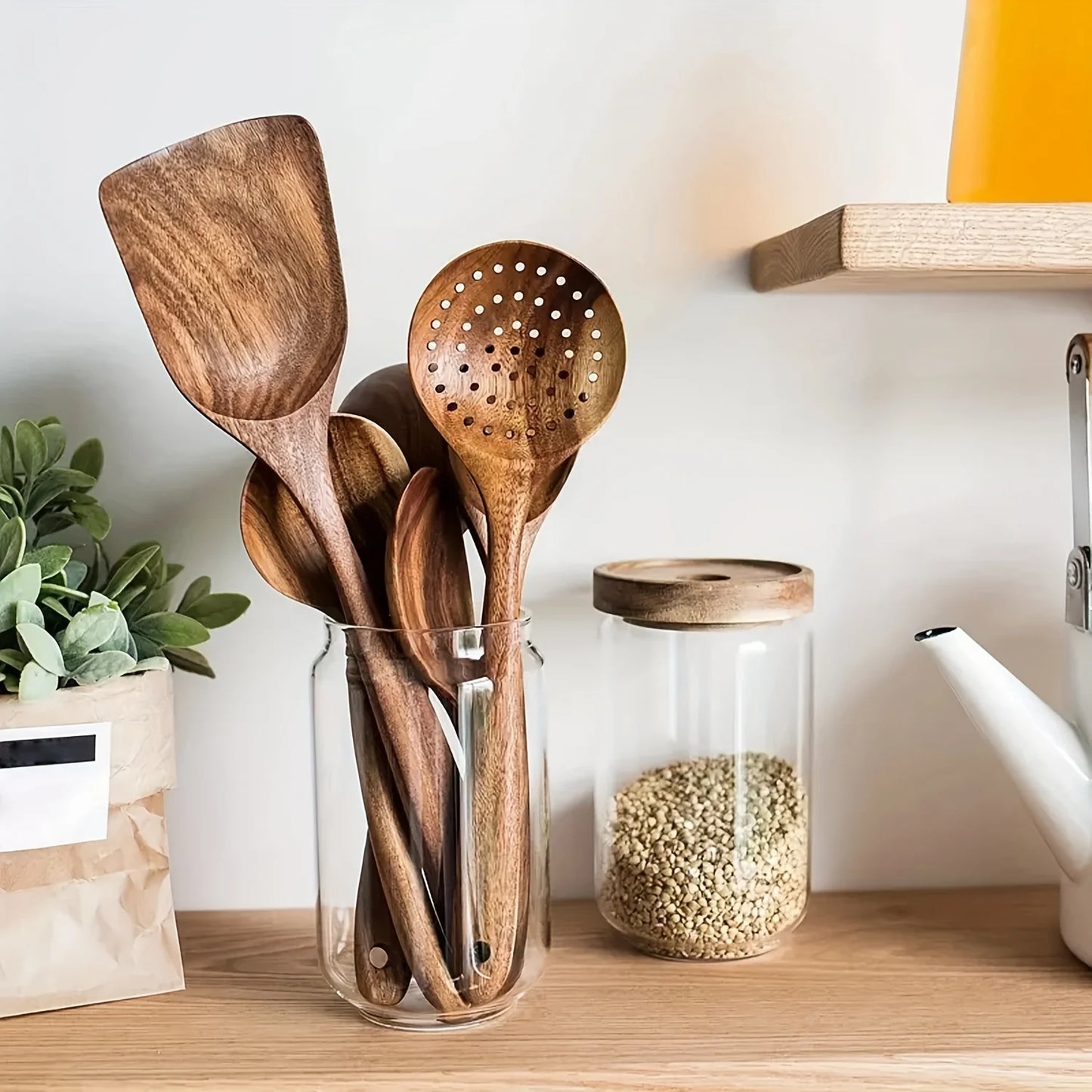 5pcs Premium Wooden Kitchen Utensils Set - Ergonomic Handles, Natural Wooden Spoons, Spurtle, Ladle, And Wok Spatulas