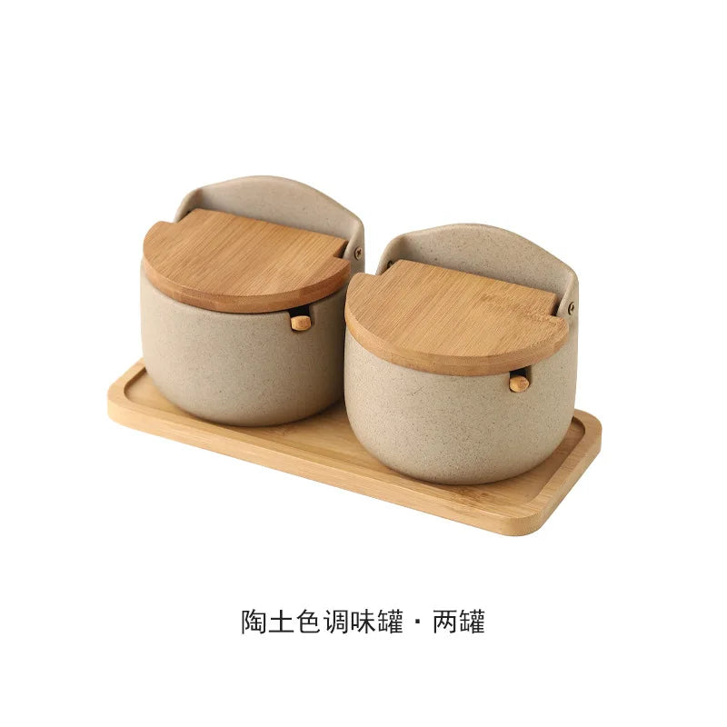 Ceramic Seasoning Jars with Wooden Lid Salt Shakers Kitchen Supplies White Spice Organizer Canister Spoon Set White Sugar Box