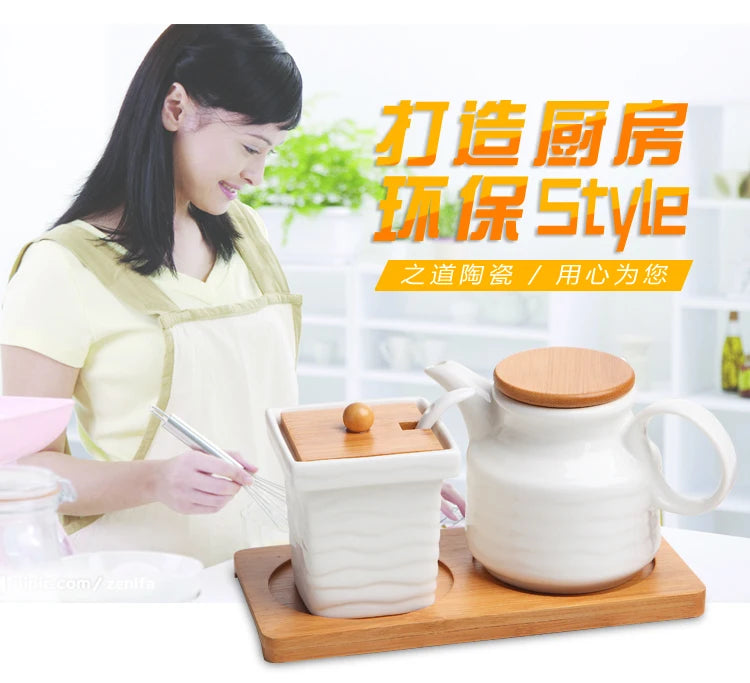Ceramic Seasoning Jars with Wooden Lid Salt Shakers Kitchen Supplies White Spice Organizer Canister Spoon Set White Sugar Box