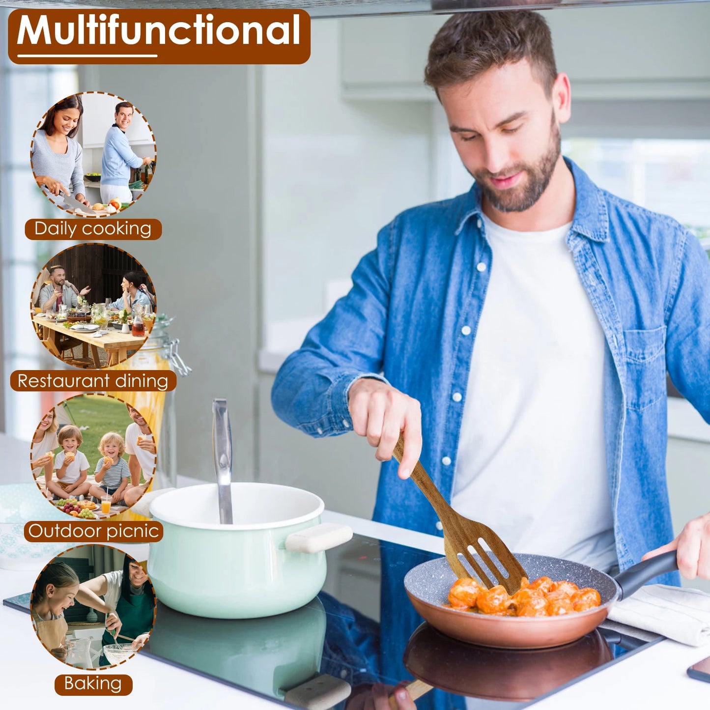 10Pcs Wooden Kitchen Utensils Set Frying Spatula Solid Wood High Temperature Resistant Soup Spoon Non-stick Stir-Fry Shovel