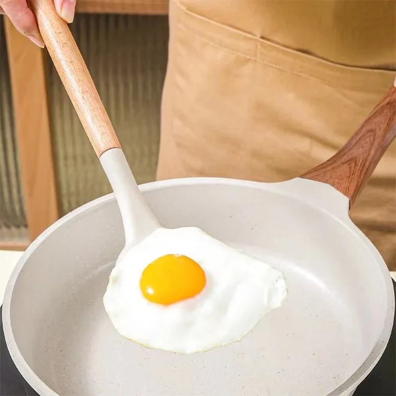 3PCS Set of Kitchen Utensils Wooden Handle Silicone Cooking Utensils Non Stick Shovel Cooking Utensils Rice Scoop Baking Tools