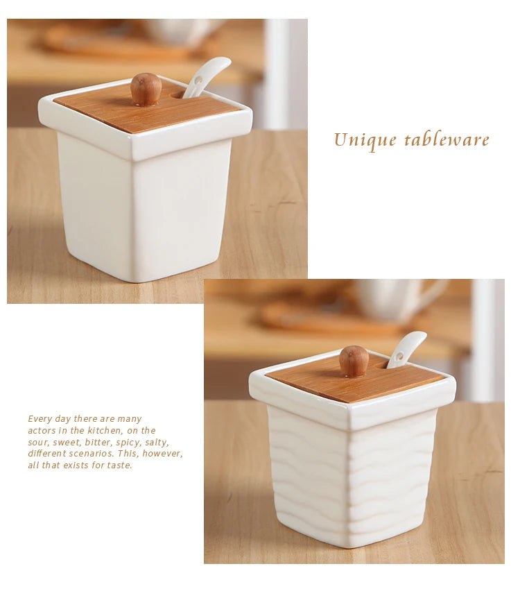 Ceramic Seasoning Jars with Wooden Lid Salt Shakers Kitchen Supplies White Spice Organizer Canister Spoon Set White Sugar Box