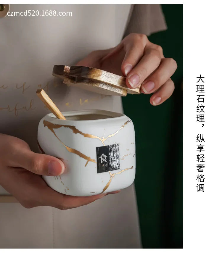 Japanese Kitchen frosted seasoning pot set two pack marble ceramic household combined seasoning box salt sugar seasoning bottle