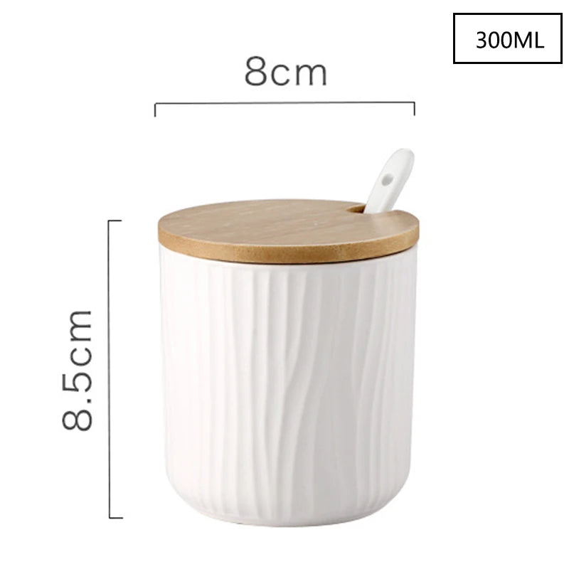 Ceramic Seasoning Jars with Wooden Lid Salt Shakers Kitchen Supplies White Spice Organizer Canister Spoon Set White Sugar Box