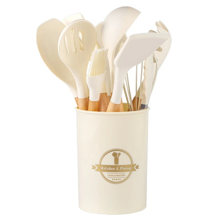 12 Pcs Silicone Kitchen Utensils Set Non Stick Silicone Cooking Utensil Set Heat Resistant Cookware with Wooden Handle JT558