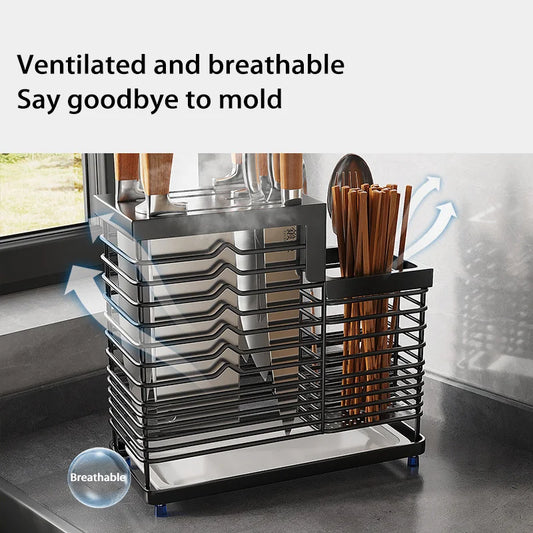 Kitchen Knife Holders Storage Rack Household Stainless Stee Countertop Knife Spoon Chopstick Holder With Drain Tray