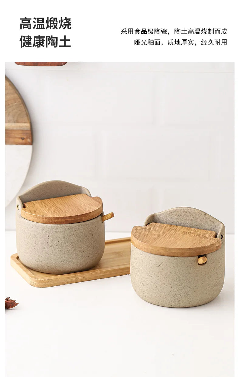 Ceramic Seasoning Jars with Wooden Lid Salt Shakers Kitchen Supplies White Spice Organizer Canister Spoon Set White Sugar Box
