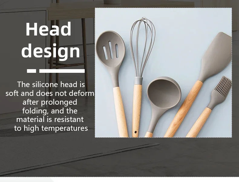 12PCS/Set Premium Quality Silicone Kitchen Utensils Set with Wood Handle and Storage Bucket Kitchen Tools Cooking Accessories