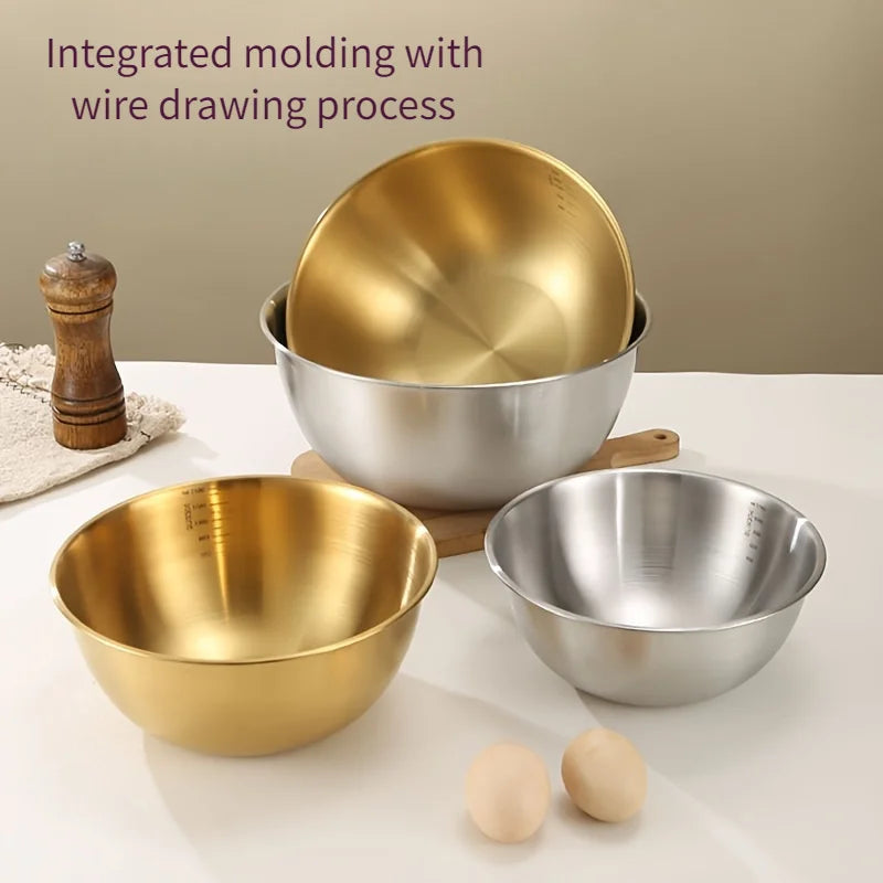 A set of three stainless steel bowls for mixing, kneading dough, and serving salads, suitable for kitchen use.