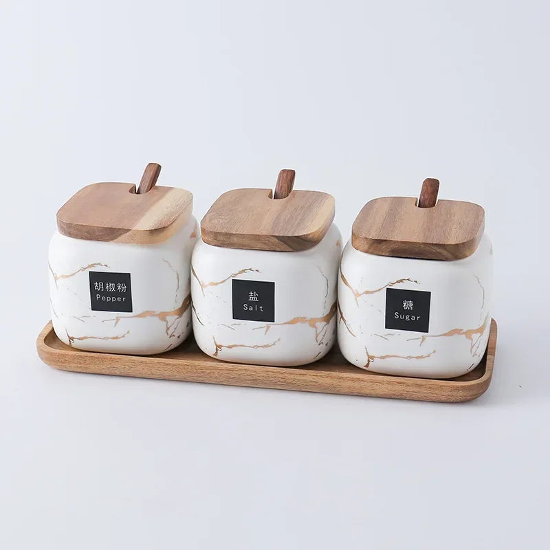 Japanese kitchen matte seasoning jar set, marble ceramic household combination seasoning box, salt and sugar, seasoning bottle.
