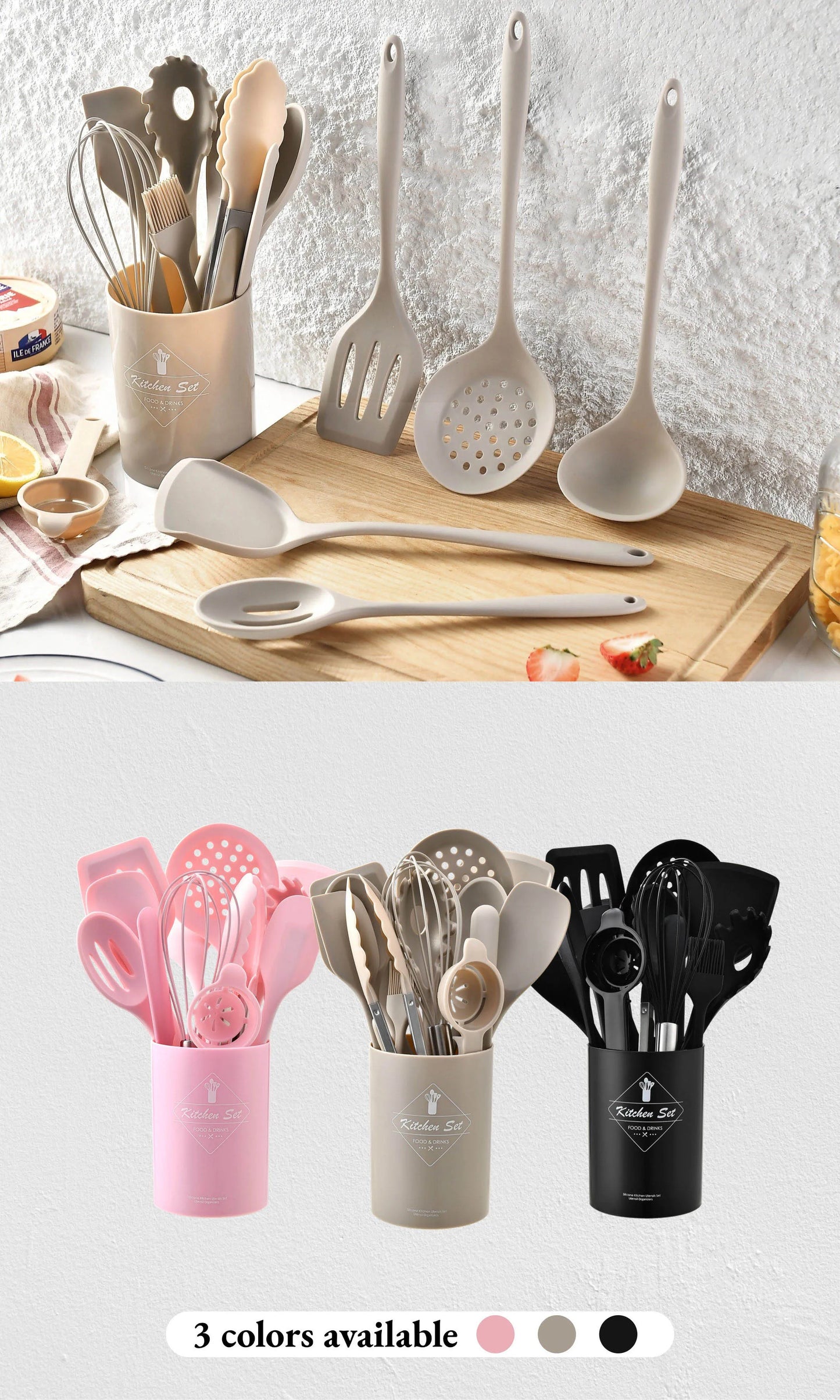 15Pcs Khaki Food Grade Silicone Kitchen Cookware Utensils Turner Spatula Soup Spoon Practical Cooking Tool Kitchenware Set