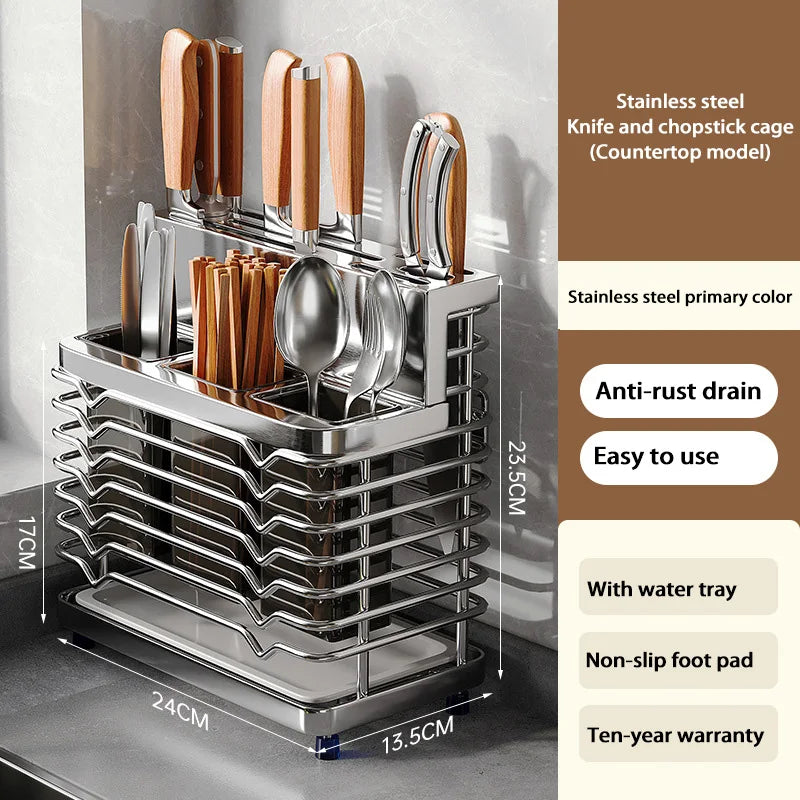 Kitchen Knife Holders Storage Rack Household Stainless Stee Countertop Knife Spoon Chopstick Holder With Drain Tray