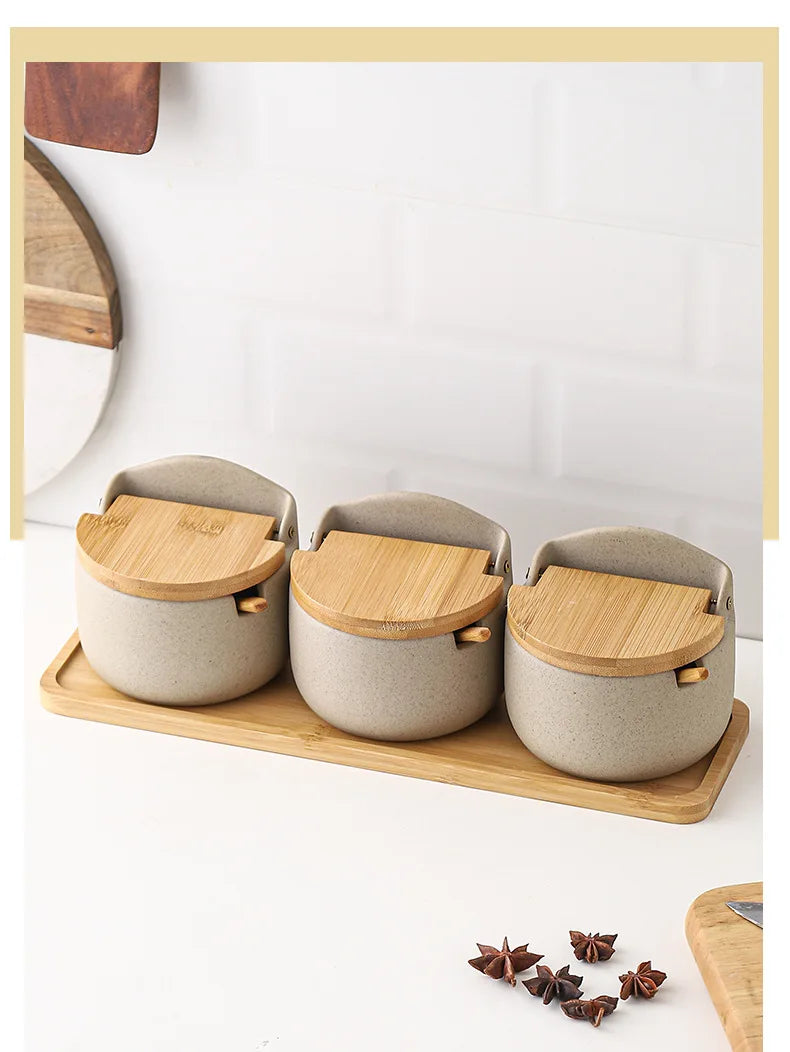 Ceramic Seasoning Jars with Wooden Lid Salt Shakers Kitchen Supplies White Spice Organizer Canister Spoon Set White Sugar Box