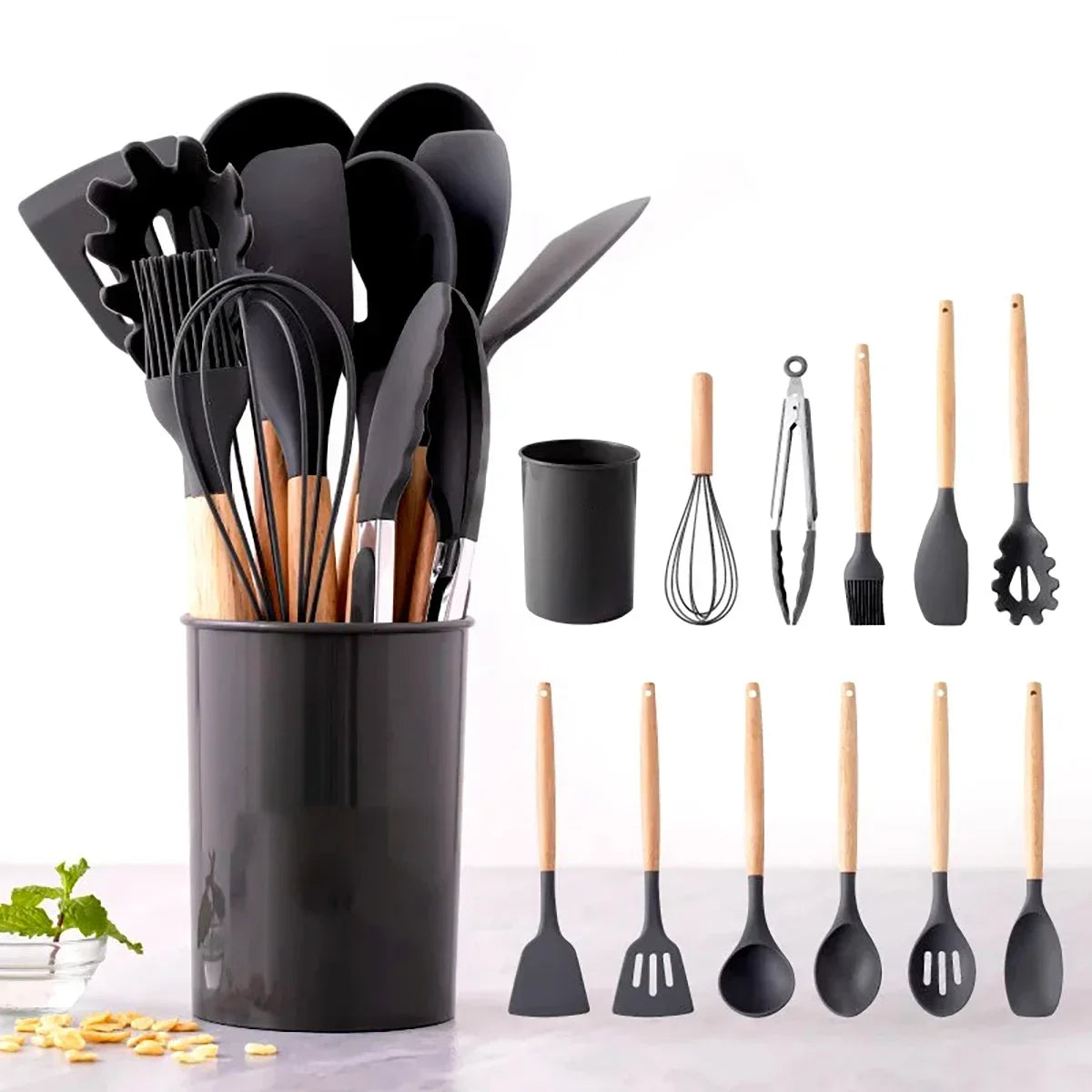 12Pcs/Set Silicone Kitchen Utensils With Storage Wooden Handle Bucket High Temperature Resistant And Non Stick Pot Spatula Spoon