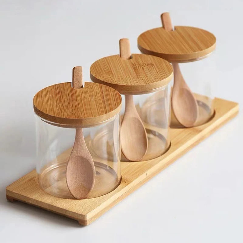 Kitchen Glass Condiment Jar Set Wood Lid with Tray Spoon Clear Seasoning Spice Salt Jar Dust-Proof Coffee Beans Organizer Bottle